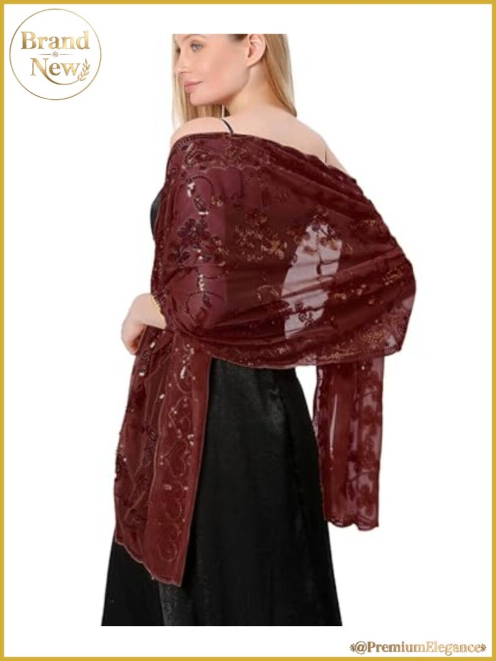 Sequin Flower Sheer Chiffon Shawl Wrap for Evening Dress